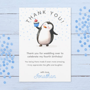 Blue cupcake penguin celebration boy's birthday thank you card
