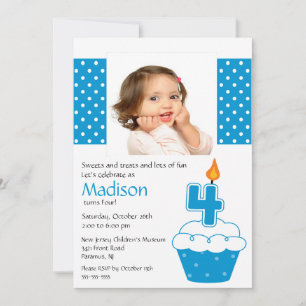 Blue Cupcake Photo 4th Birthday Invitation