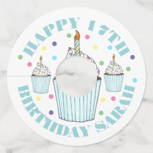 Blue Cupcake Sprinkles Birthday Party Candle Cake Wine Glass Tag