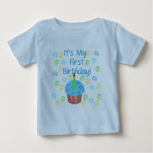 Blue Cupcake with Candle First Birthday Baby T-Shirt