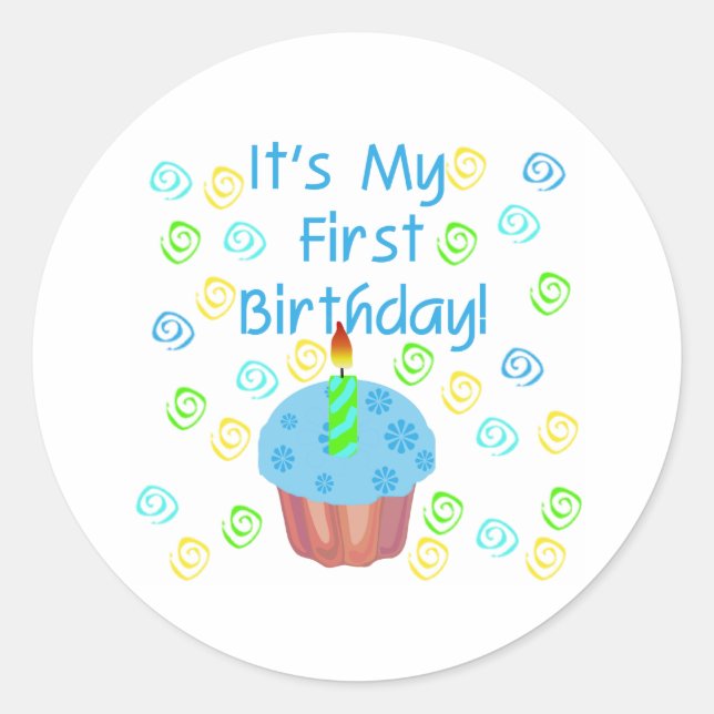 Blue Cupcake with Candle First Birthday Classic Round Sticker (Front)