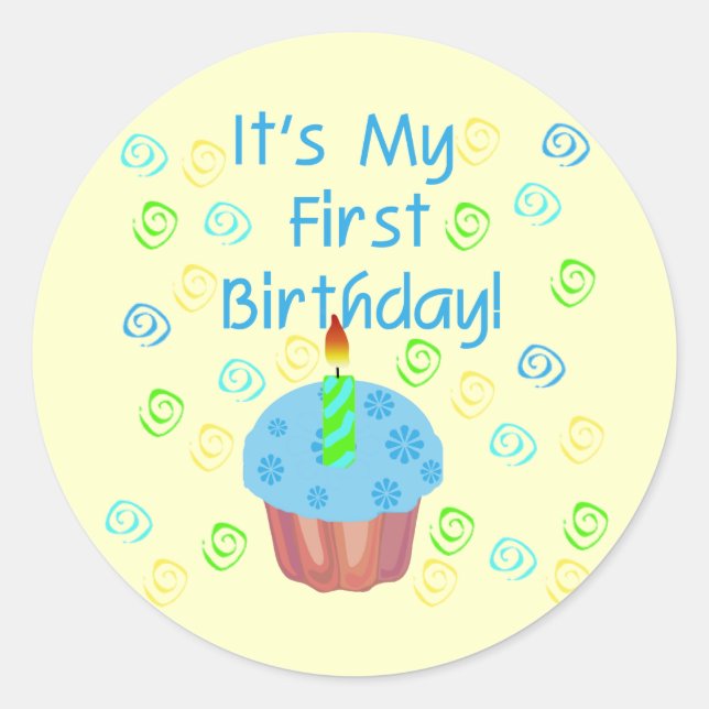 Blue Cupcake with Candle First Birthday Classic Round Sticker (Front)