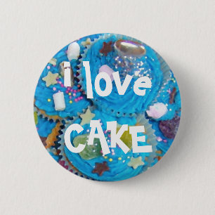 Blue Cupcakes 'i love CAKE' button badge
