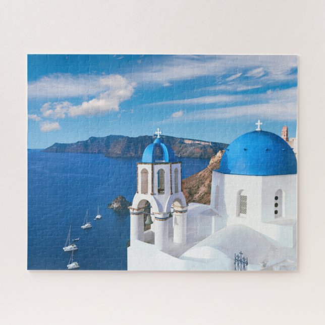 Blue Cupola Church Ocean View Oia Santorini Greece Jigsaw Puzzle (Horizontal)