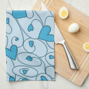 Blue curly hearts tea towel