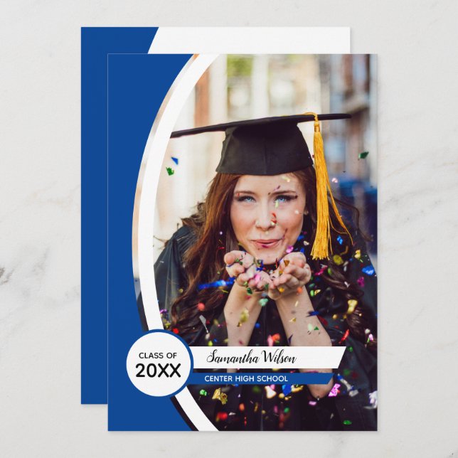 Blue Curved Frame Photo Graduation Invitation (Front/Back)