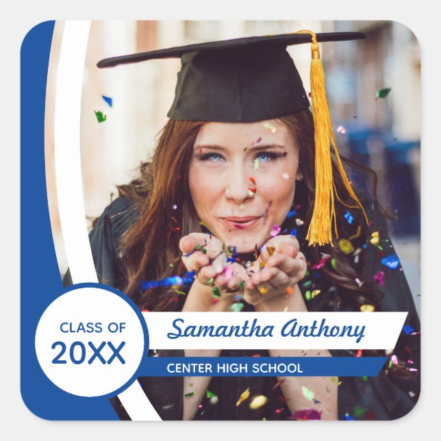 Blue Curved Frame Photo Graduation Square Sticker (Front)
