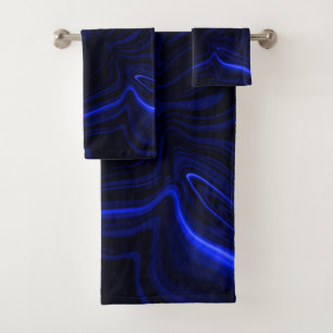 Blue curves and ripples in dark blue image  bath towel set