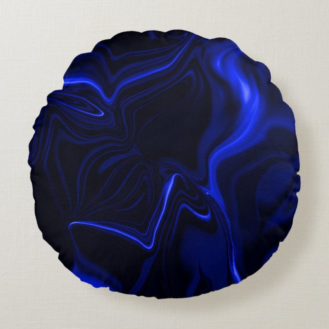 Blue curves and ripples in dark blue image  round cushion (Front)