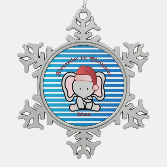 Blue Custom Baby Boy Name First Christmas 2022   Snowflake Pewter Christmas Ornament (Front)