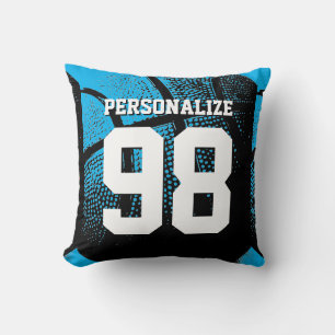 Blue custom basketball jersey number throw pillow