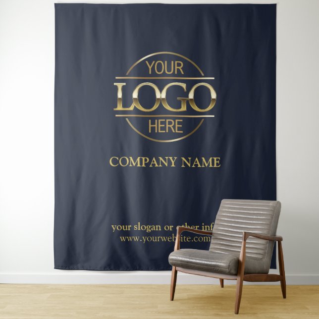 Blue Custom Business Logo Trade Show Backdrop Tapestry (In Situ)