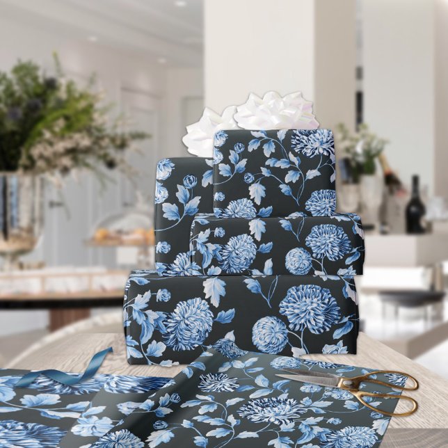 Blue Custom Colour Background Large Floral Toile Wrapping Paper (Creator Uploaded)