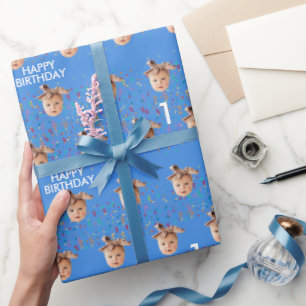 Blue Custom Face Photo Kids 1st Birthday Party Wrapping Paper