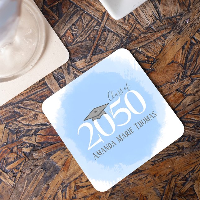 Blue Custom Graduation Party Modern Square Paper Coaster (Creator Uploaded)