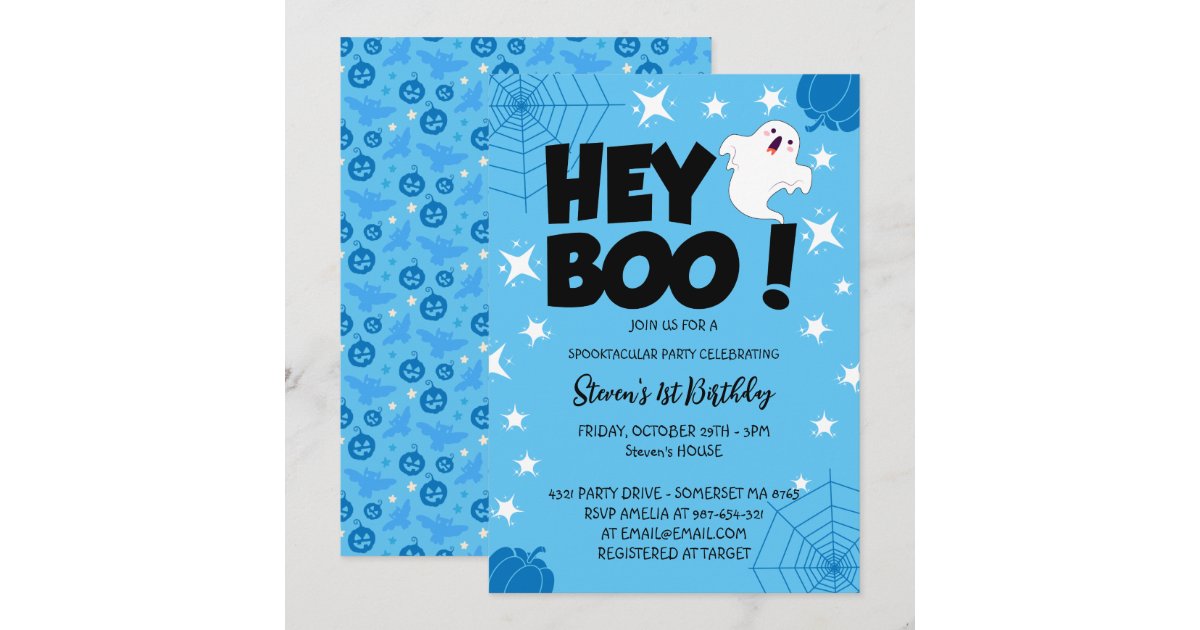 Blue Custom Halloween 1st Birthday party, Hey Boo Invitation | Zazzle