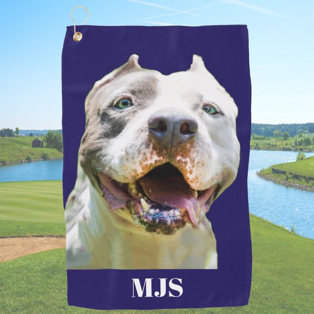 Blue Custom Monogram Dog Photo Personalized Golf Towel (Creator Uploaded)