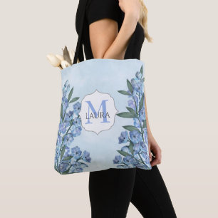 Blue Custom Monogram Floral Botanical Elegant Tote Bag