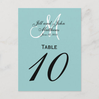 Blue Custom Monogram Wedding Table Number Postcard