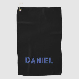 Blue custom name on black golf towel