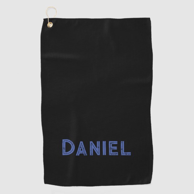 Blue custom name on black golf towel (Front)