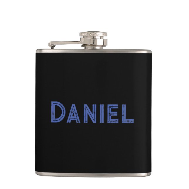 Blue custom name on black hip flask (Front)