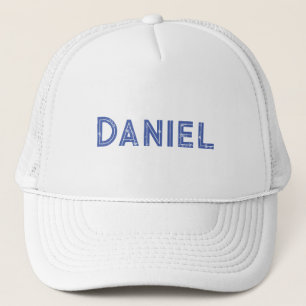 Blue custom name on white trucker hat