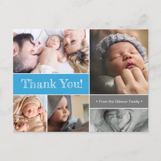 Blue custom new baby boy photo collage Baby Shower Postcard (Front)