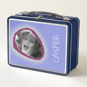 Blue Custom Photo and Name Metal Lunch Box