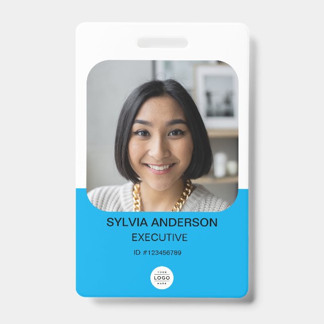Blue Custom Photo Employee ID Logo QR Code Badge (Front)