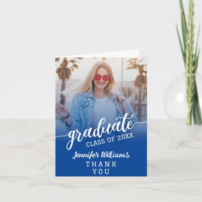 Blue Custom Photo Graduation with Message Thank You Card (Front)