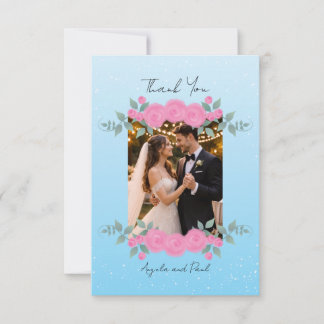 Blue Custom Photo Wedding Thank You Card Flat