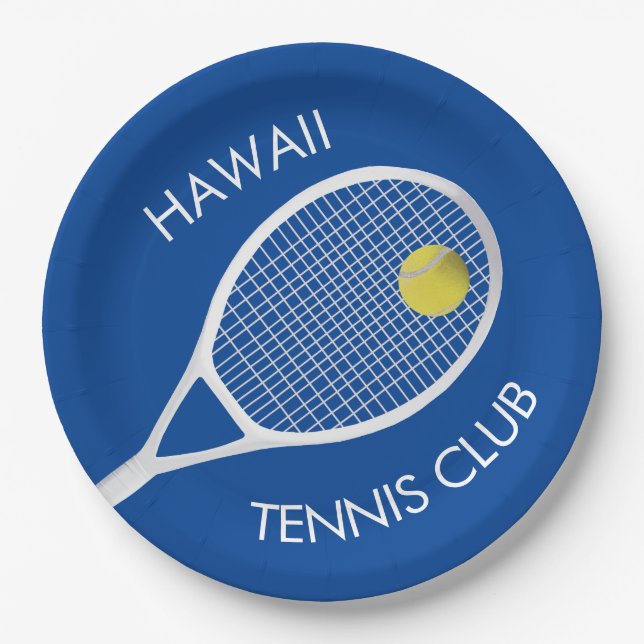 Blue Customisable Tennis Club White Racket  Paper Plate (Front)