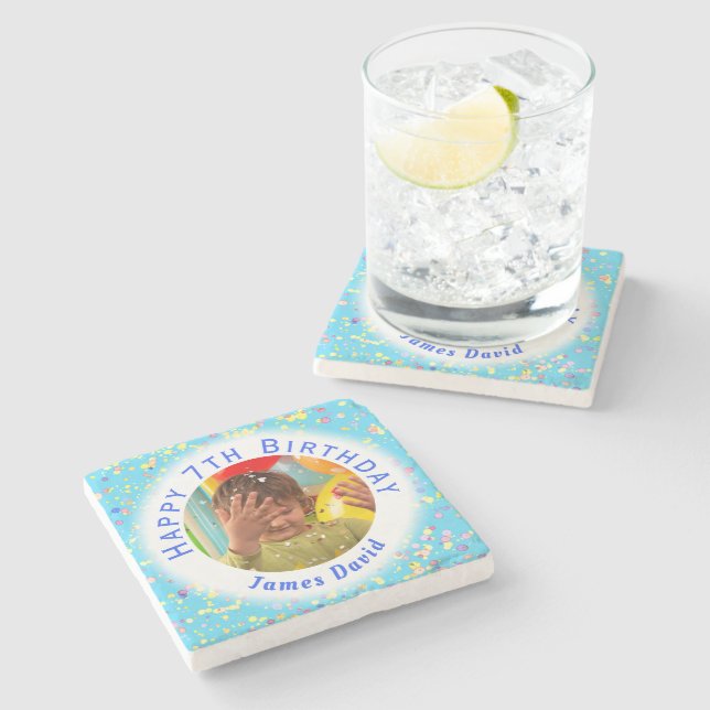 Blue Customisable Watercolor Confetti Birthday Stone Coaster (Side)