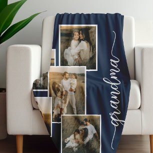 Blue Customised Grandma Grandkid 5 Photo Collage  Fleece Blanket