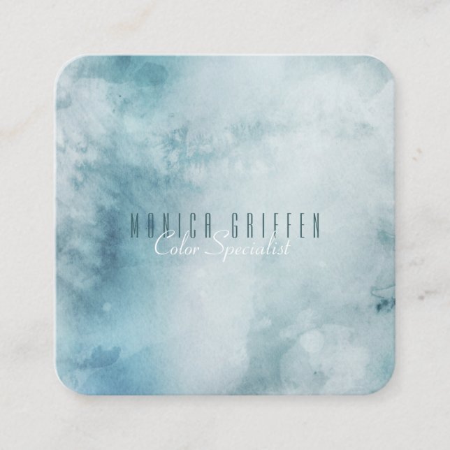 Blue Customizable Tye-Dye Watercolor Square Business Card (Front)