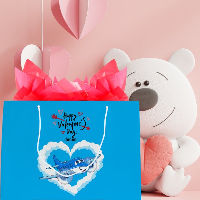 Blue Cute Aeroplane & Clouds, Kids Valentine's Day Large Gift Bag (Creator Uploaded)