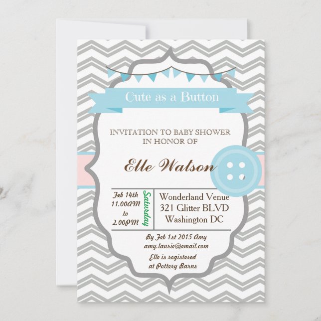 Blue Cute as a Button Baby Shower Invitations (Front)