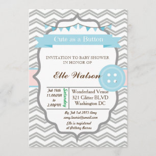 Blue Cute as a Button Baby Shower Invitations