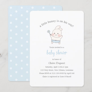 Blue Cute Bunny Watercolor Simple Boy Baby Shower Invitation