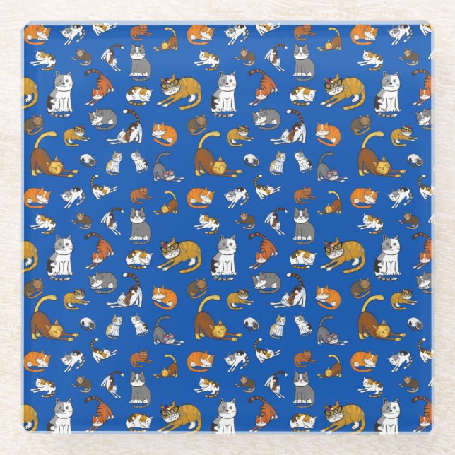 blue cute cat pattern design for cat lovers- glass coaster (Front)