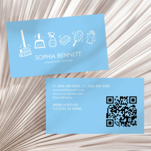 Blue Cute Cleaning Tools Custom QR Code Business Card