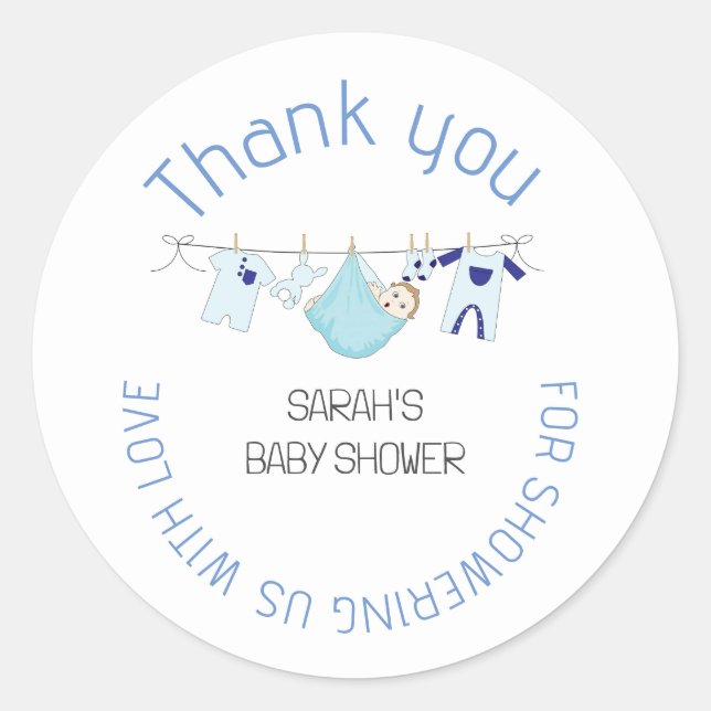 Blue Cute Clothesline Baby Shower Thank You Favour Classic Round Sticker (Front)