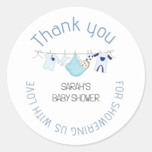 Blue Cute Clothesline Baby Shower Thank You Favour Classic Round Sticker