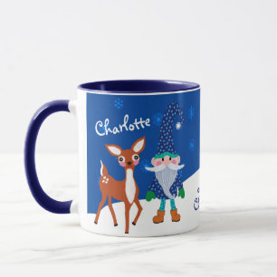 Blue Cute Deer and Gnome Personalised Christmas Mug