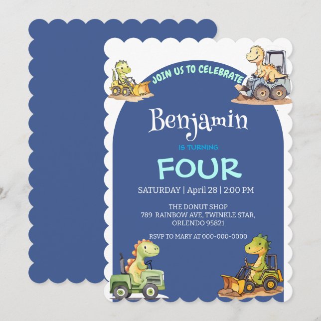 Blue Cute dinosaur tractor Rainbow School Birthday Invitation (Front/Back)