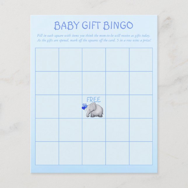 Blue Cute Elephant Baby Boy Shower Bingo Game (Front)