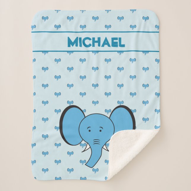 Blue Cute Elephant Illustration with name Sherpa Blanket (Front)