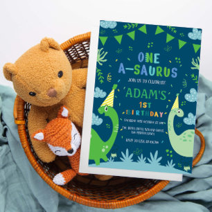 Blue Cute First 1st Birthday Green Dinosaur Invitation