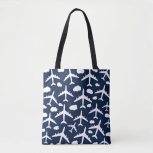 Blue cute flying aeroplanes aircraft pattern desig tote bag